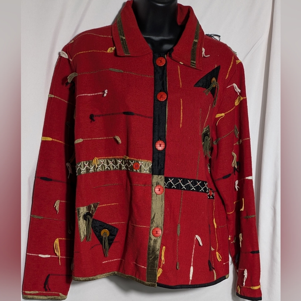 Women's Red Art Deco Multicolored Tapestry Style Button Front‎ Jacket | Size M